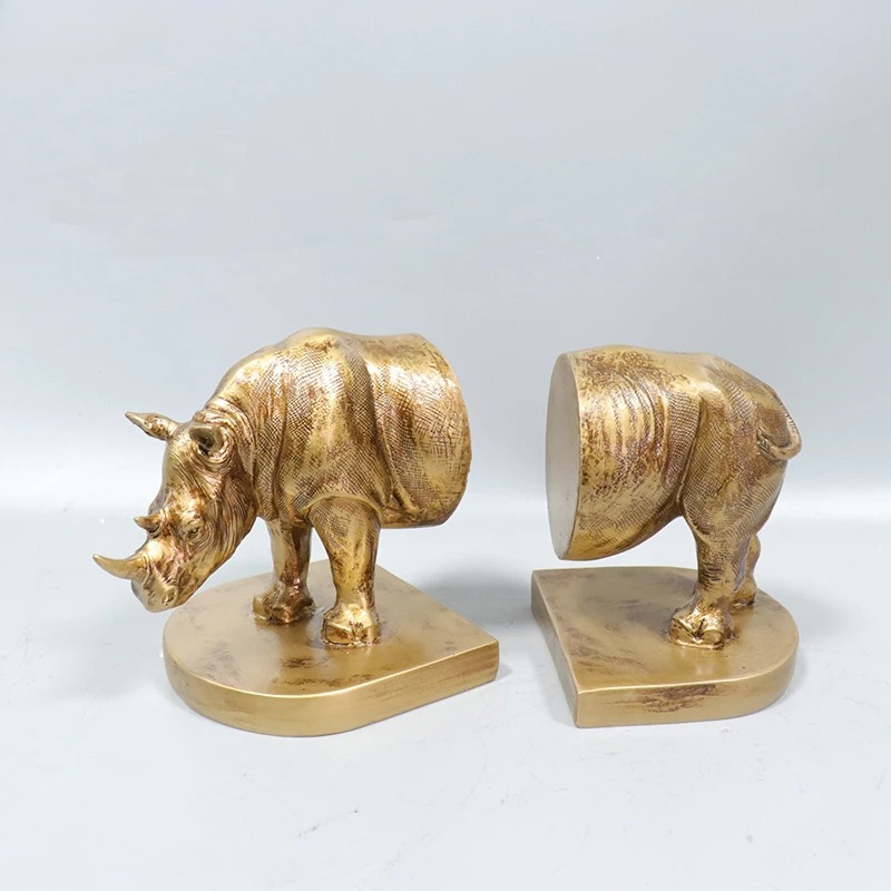 Aesthetic Bookend - Retro Golden Rhinoceros Statue Library Bookend